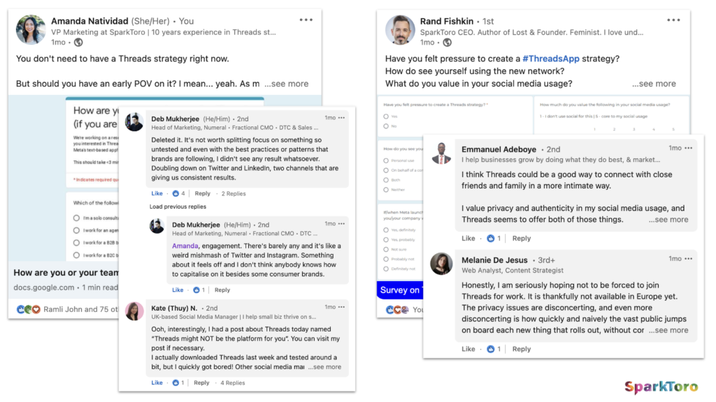 LinkedIn posts by Amanda and by Rand that show us sharing our Threads survey. There are comments from folks in our community.