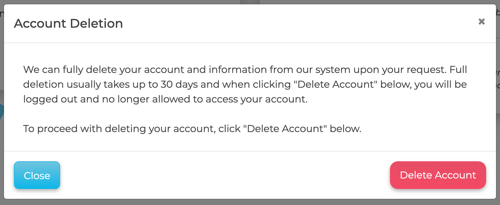 The Account Deletion confirmation window, with the Delete Account button