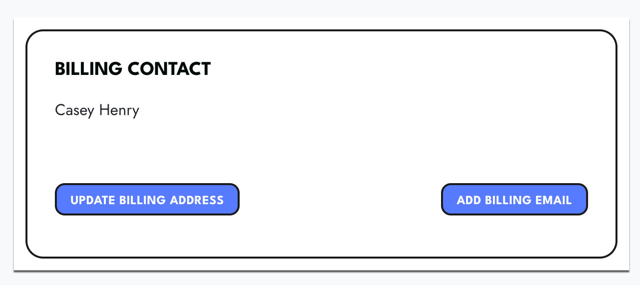 The Billing Contact box on the account billing page, showing the Update Billing Address and Add Billing Email buttons