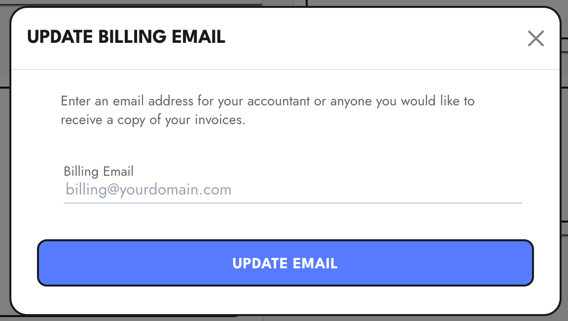 The Update Billing Email window, with a Billing Email field and an Update Email button