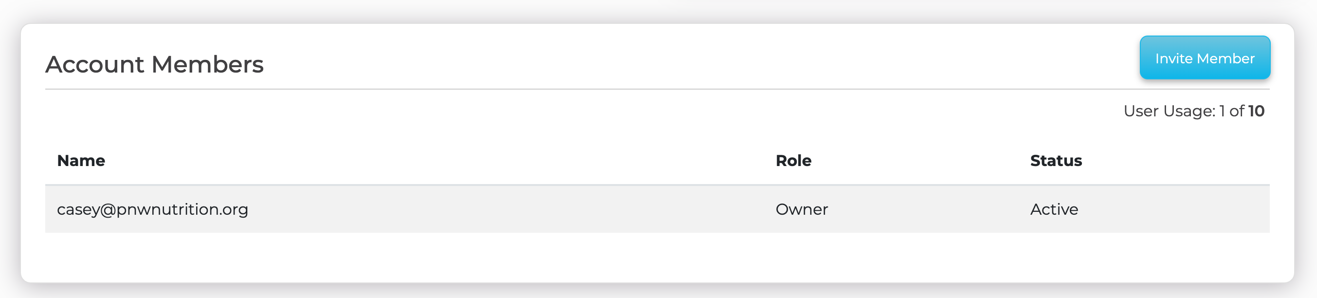 The Account Members section, showing current members and the Invite Member button