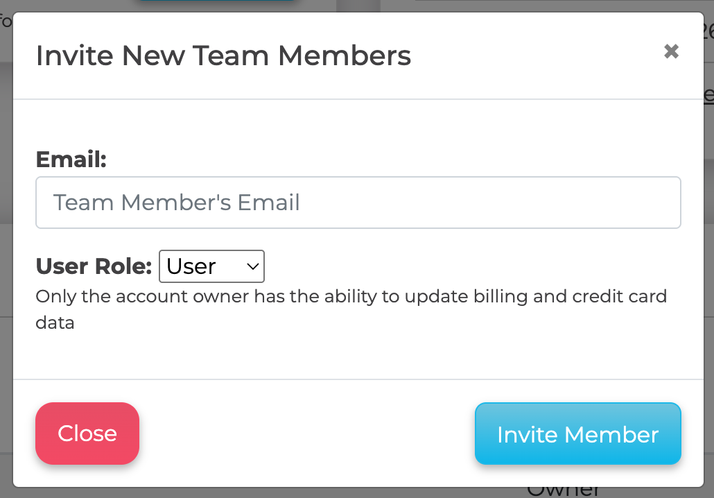 The Invite New Team Members window, with email and user role fields