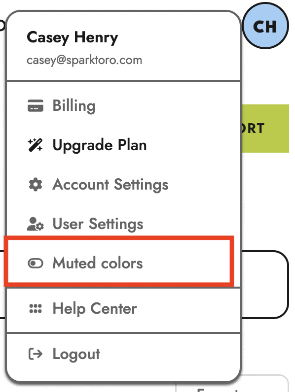 The account menu opened from the avatar, with the Muted colors toggle highlighted