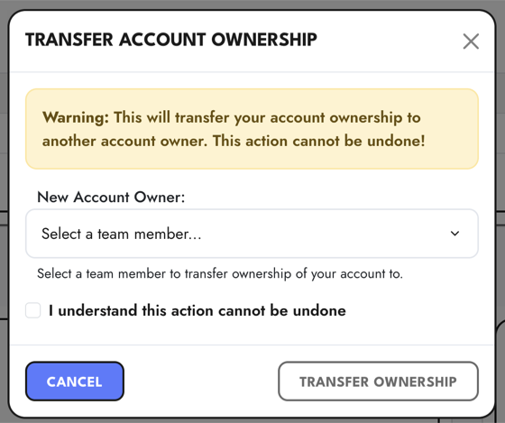 The Transfer Account Ownership window, with a dropdown to select the new owner and a confirmation checkbox