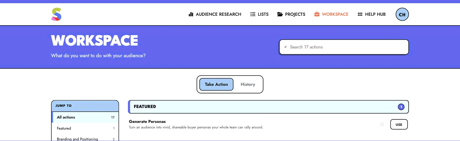 The Workspace catalog on the Take Action tab, with a search box, a Jump to menu, and Generate Personas featured at the top