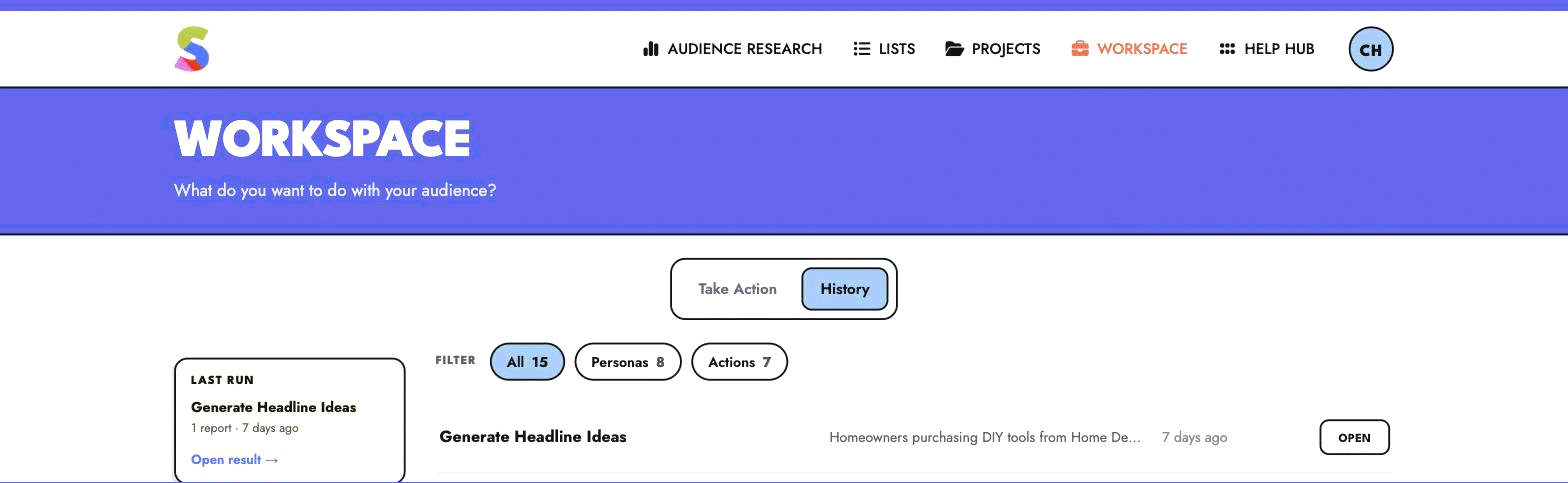 The Workspace History tab, with All, Personas, and Actions filters, a Last run card, and past results each with an Open link
