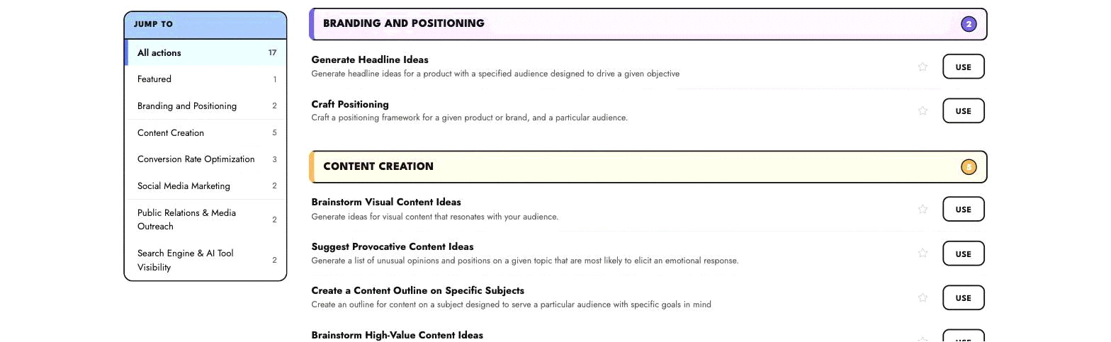 The Take Action catalog, showing the category list in the Jump to rail and actions like Generate Headline Ideas and Craft Positioning, each with a Use button